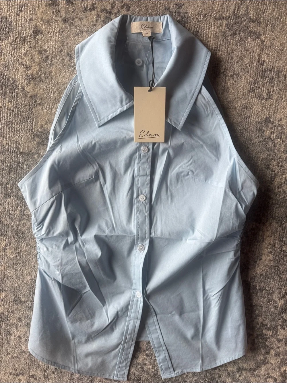 Elan Blue Collared Button Down Halter Blouse Side Ruching Cotton Medium stretch